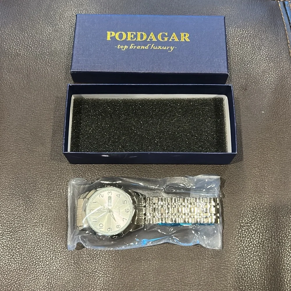 NWOT NIB Poedagar Silver Quartz Stainless Steel Men’s Watch W/White Watch Face